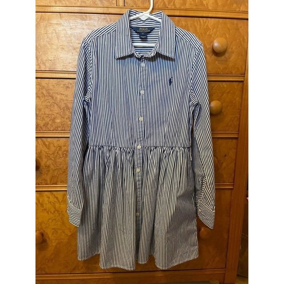 Girls 10 Polo Ralph Lauren Navy & White Striped Cotton Long Sleeved ShirtDress